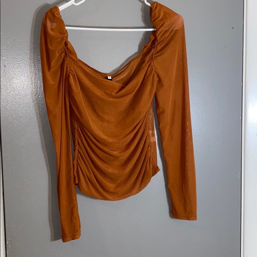 Minizazz: Solid Mesh Puff Sleeve Ruched Blouse